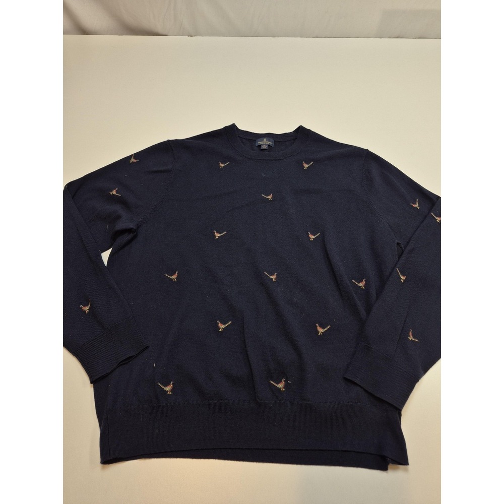 Brooks Brothers Sweater Mens XL Blue Merino Wool Crewneck Pheasant Knit Pullover